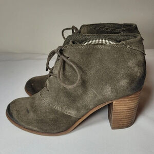 Toms Lunata Olive Green Lace-up Suede Ankle Heeled Booties sz 8.5